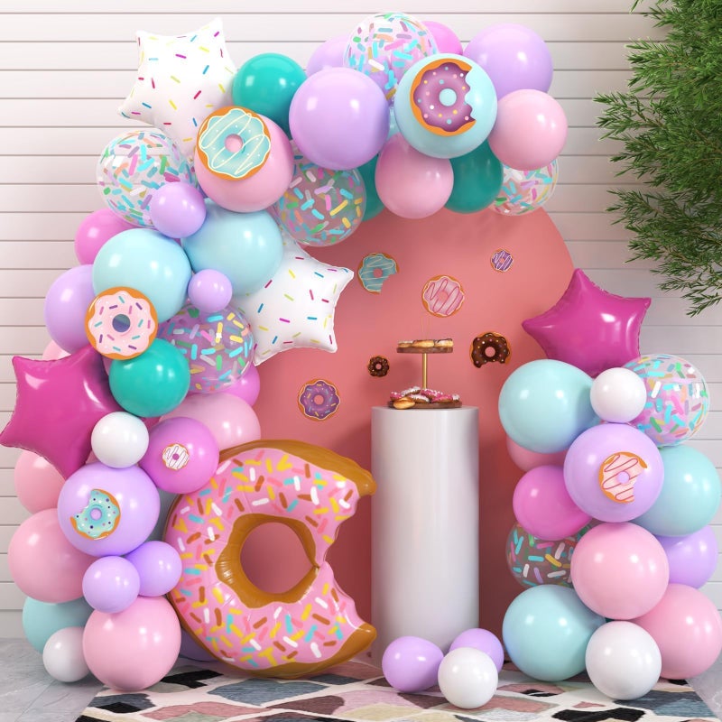 Levfla 100 PCS Donut Balloons Garland Pastel Decoration Kits Sprinkles Confetti Doughnut Backdrop Cutouts Kids Birthday Party Balloons Arch Photo Props Favor Ideas Supplies - Image 1